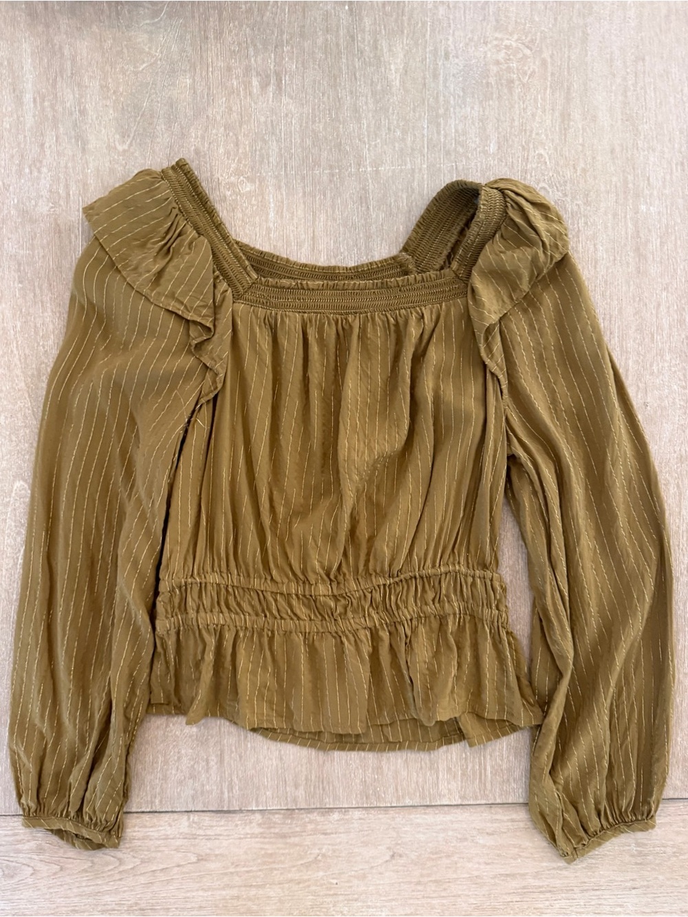 Universal Thread Women’s Small Olive Brown Metallic Stripe Smocked Peplum Blouse